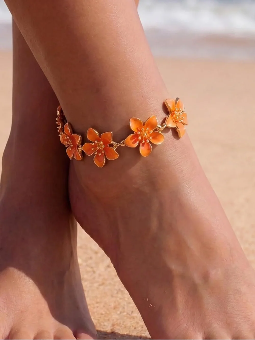 Anthropologie Gold color and Orange Enamel Flower Anklet